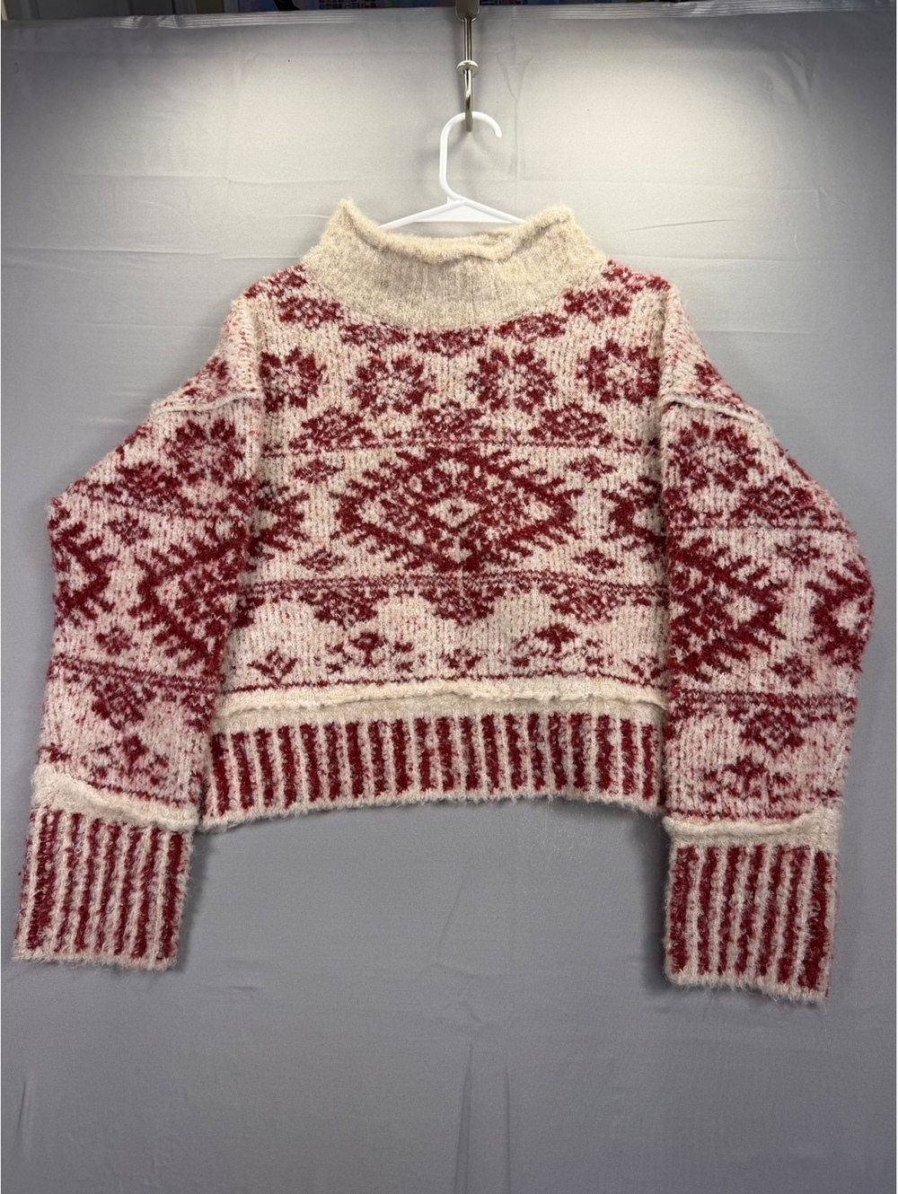 SHEIN Fair Isle Pattern Mock Neck Cropped Fuzzy Knit Sweater Red Cream XS